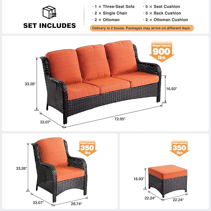 ovios 5-Pieces Patio Furniture Set, Outdoor Wicker Sofa Couch with Chairs Ottomans Comfy Cushions, All Weather High Back Modern Conversation Set, Brown Rattan, Orange Red