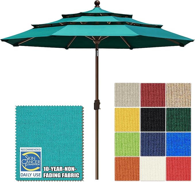 EliteShade USA 10-Year-Non-Fading 10ft 3-Tier Market Patio Umbrella, Commercial Grade Outdoor Table Umbrella with Crank Open, Windproof & UPF 50+ UV Protection, Heavy Duty Ventilation for Garden, Deck, Pool, Backyard, Beach & Bistro, Teal