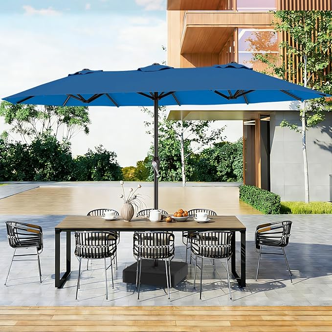 AreShark 15FT Outdoor Patio Umbrella with Crank, Large Rectangular Market Umbrella, Double-Sided Outdoor Umbrellas with Cross Base & Sandbag for Porch, Lawn, Pool, Backyard, Royal Blue