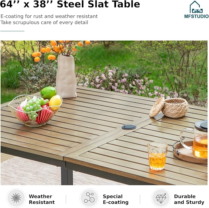 MFSTUDIO Outdoor Dining Sets for 6, Patio Metal Table and Chairs Set, 7 Pieces All Weather Patio Wicker Dining Furniture, Outdoor Rectangular Wood-Like Table for 6, Backyard