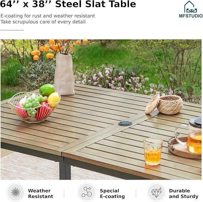 MFSTUDIO Outdoor Dining Sets for 6, Patio Metal Table and Chairs Set, 7 Pieces All Weather Patio Wicker Dining Furniture, Outdoor Rectangular Wood-Like Table for 6, Backyard