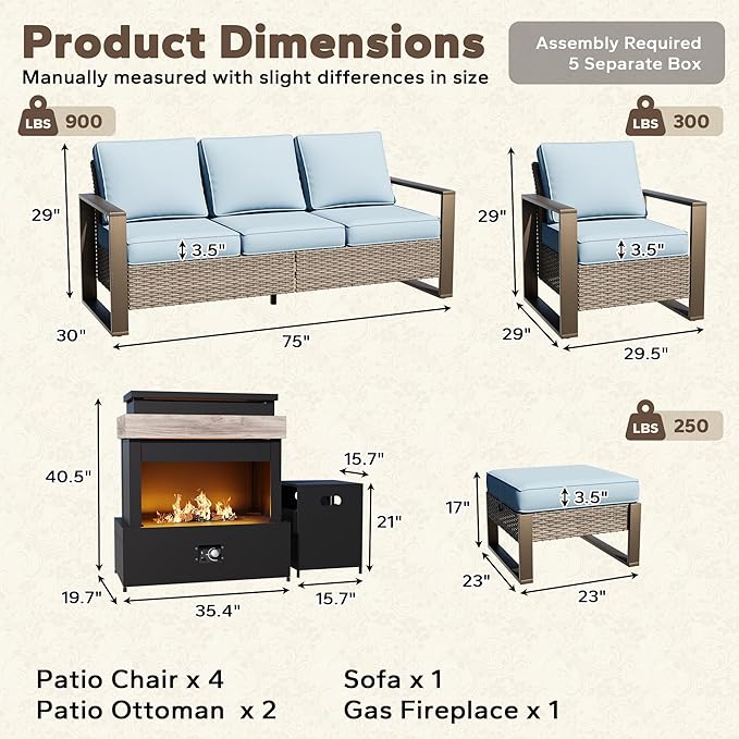 8 Pieces Metal Wicker Patio Furniture Set - 75" Sofa, Four Armchairs and Two Ottomans, One Fireplace All Weather Rattan Outdoor Conversation Furniture with Washable Cushion for Deck Porch, Baby Blue