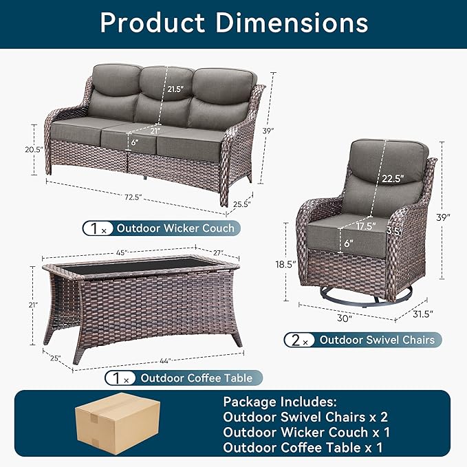 Luxury 4 Pieces Patio Furniture Set-Outdoor Swivel Rocker Patio Chairs with 6" Extra Thick Cushions, High Back Outdoor Couch and Coffee Table, Wicker Conversation Sets for Porch Deck(Brown/Grey)