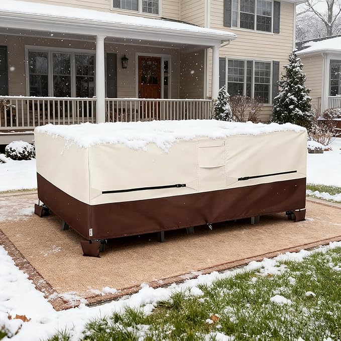 Patio Furniture Covers,Outdoor Furniture Cover Waterproof,600D Rectangular Patio Heavy Duty Table Cover,Outdoor Dining Table and Chair General Purpose Furniture Covers 76"L x 54"W x 28"H-Beige
