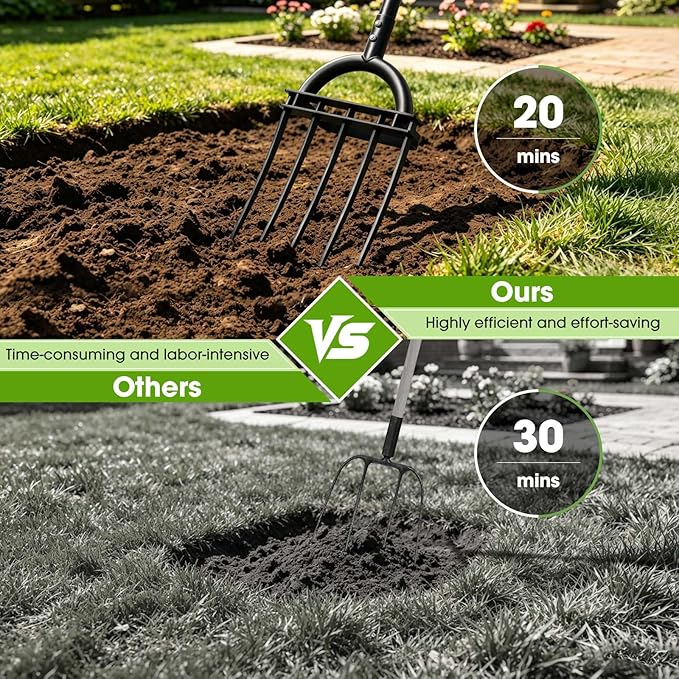 Broadfork Garden Tool, 51IN Pitch Fork for Gardening 5-Tine Heavy Duty Garden Fork with Ergonomic D-Grip Handle for Digging Loosening Soil Cultivating Weeding Composting