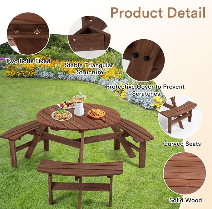 Zevemomo 6 Person Wood Picnic Table, Round Tabletop with Umbrella Hole, 3 Built-in Curved Benches, 1720LBS Total Capacity for Patios, Backyard, Brown