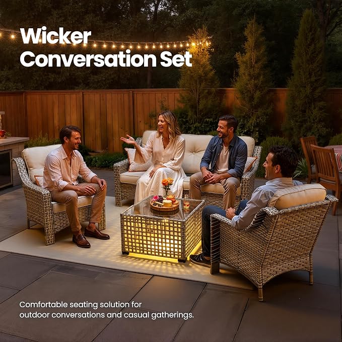 4 Piece Outdoor Patio Furniture Set, All Weather Waterproof Wicker High Back Conversation Set, Two Single Chairs, Solar Light Coffee Table, Outside Furniture for Porch Balcony, Beige