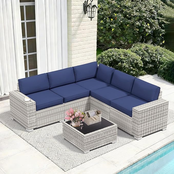 6 Pieces Wide Armrest Patio Furniture Set, Rattan Sectional Furniture with Thickened Cushions, Outdoor Patio Conversation Sets for Backyard, Poolside, Garden, Off-White & Navy Blue, Set of 6