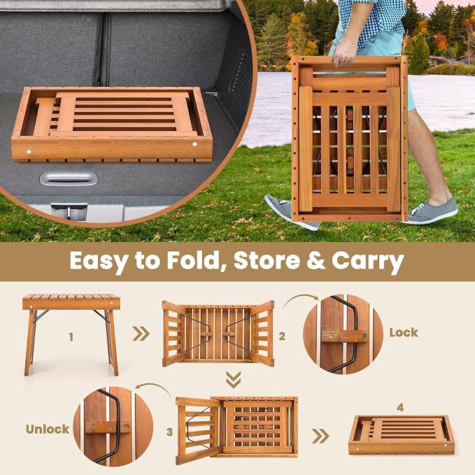 HAPPYGRILL Outdoor Folding Side Table Set of 2, Foldable Patio Acacia Wood End Table with Slatted Tabletop & Leg Frame, Small Outside Table for Backyard Poolside Porch (Teak Finish)