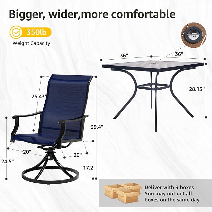NATURAL EXPRESSIONS 5 Piece Patio Table and Chairs Set, HDPS Outdoor Dining Set with 4 Swivel Dining Chairs, Textilene Mesh Fabric, 36" Dining Table with Umbrella Hole for Backyard, Garden (Navy)