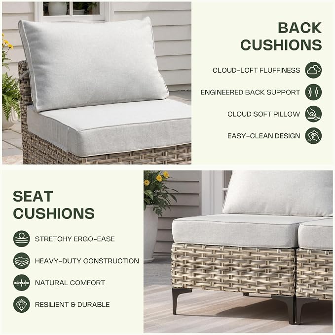 5 Piece Outdoor Sectional Patio Furniture Set with Solar Lighted Coffee Table, Modular Wicker Conversation Set with Flexible L-Shaped Layout for Porch Balcony Backyard, Light Gray