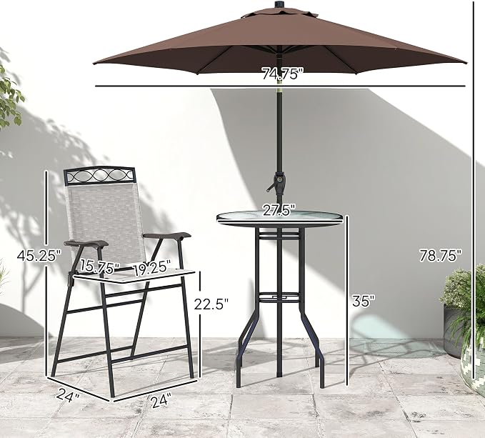 Outsunny 4 Piece Outdoor Patio Dining Furniture Set, 2 Folding Chairs, Adjustable Angle Umbrella, Wave Textured Tempered Glass Dinner Table, Beige