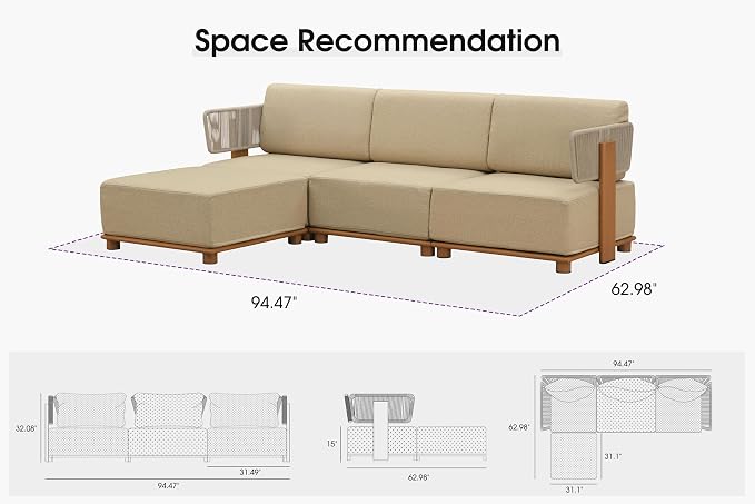 PURPLE LEAF Patio Furniture Set Modular L-Shaped Outdoor Sectional Sofa with 11" Thick Olefin Cushion 4-Piece Outdoor Conversation Set with Ottoman & White Lights for Backyard Garden Poolside, Beige