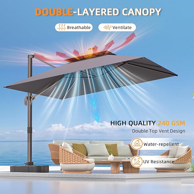 10' X 13' Outdoor Patio Umbrella Large Rectangle Cantilever Umbrella with Base Included, Heavy Duty 360°Rotation Offset Umbrella for Garden Deck Pool Patio,Grey