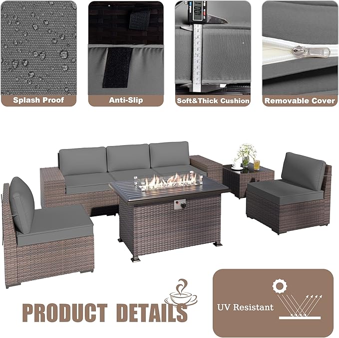 Patio Furniture Sectional Sofa Set 7-Pieces PE Rattan Patio Conversation Set w/43in Gas Fire Pit Table, Outdoor Furniture with 55000 BTU Propane Fire Pit, Grey