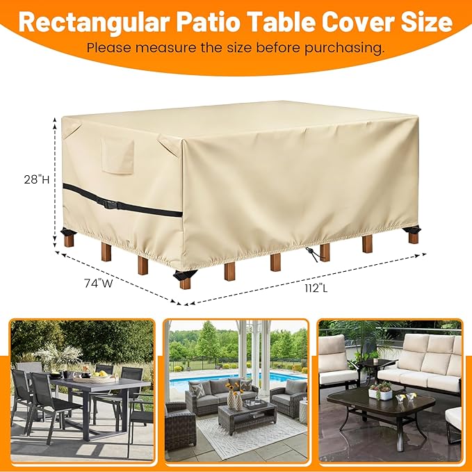POMER Rectangular Patio Furniture Covers-Outdoor Furniture Covers Waterproof,600D Table and Chairs Cover for All-Weather Protection 112L X 74W X 28H Inch Beige