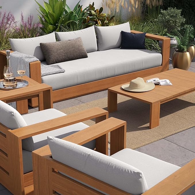 Modway Tahoe Acacia Wood 5-Piece Outdoor Patio Furniture Set in Natural Light Gray - Includes Lounge Chair and Sofa with Weather-Resistant Cushions, Plus Coffee Table