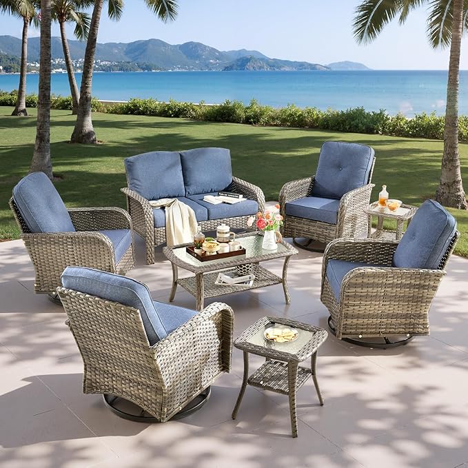 8-Piece Outdoor Patio Furniture Set with Swivel Chairs, Outdoor Conversation Wicker Sofa with Coffee Table, Rattan Couch for Deck Yard Poolside, Blue