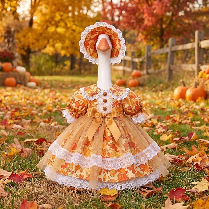 Soulchen Fall Yellow Maple Leaf Porch Goose Outfits for 23 Inch Goose Clothes with Dress and Bonnet for Outdoor Garden Yard Lawn Entrance Decor