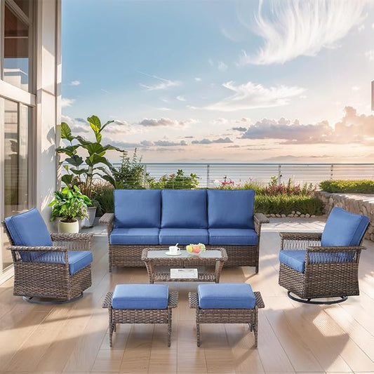 Wicker Outdoor Patio Furniture Set - 6 Piece Rattan Patio Conversation Sets with 2 Swivel Rocking Chairs,2 Ottomans,1 Sofa and 1 Coffee Table for Porch Deck Garden(Brown/Blue)