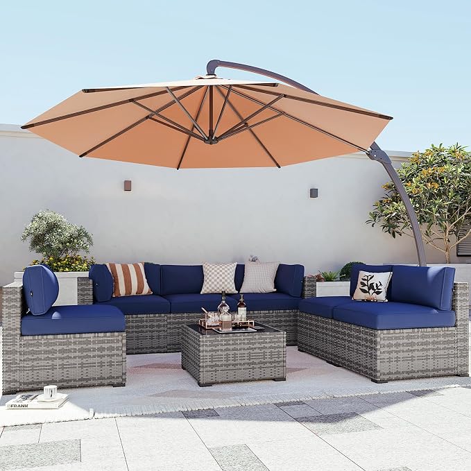 Aoxun Patio Furniture Sets, 8-Piece Outdoor Patio Furniture with 11FT X 11FT Cantilever Umbrella, Wicker Outdoor Conversation Set Sectional Sofa for Backyard, Poolside, Garden