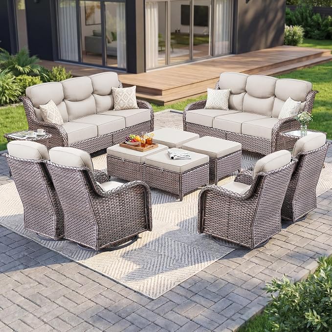 Luxury Swivel Rocker Chair Sofa Set with 6" Thick Cushions,12-Piece Wicker Patio Furniture Set with Ottoman,Outdoor Comfortable High Back Chair Patio Furniture Set - Brown | Beige