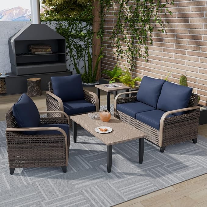 COOS BAY Modern Wicker Outdoor Furniture Set, 5 Piece Patio Conversation Set with 2 Patio Chairs, a Loveseat, Coffee Table and Side Table, 5 Piece, Brown/Blue