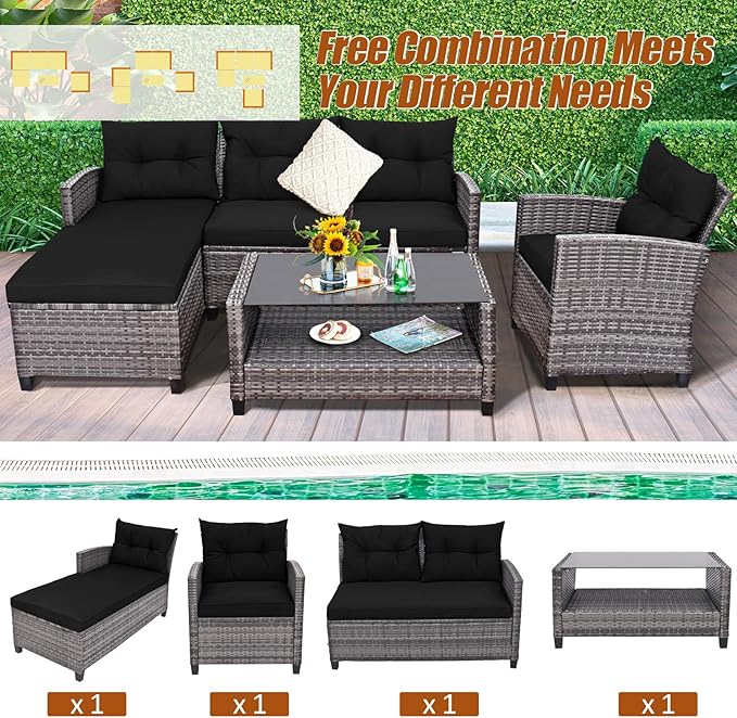 Tangkula 4 Pieces Rattan Conversation Set, Patiojoy Outdoor Furniture Set with Cushions, Lounge Sofa Set with Coffee Table, Patio Sectional Sofa Set for Patio Garden Poolside Backyard (Black)