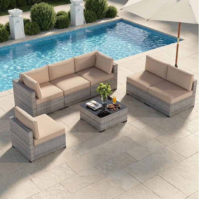 Patio Furniture Set, 7-Piece Outdoor Sectional Couch with Coffee Table & Thick Cushions, Outdoor Wicker Conversation Set for Backyard, Poolside, Garden (Grey White-Camel, 7 Piece-Single)