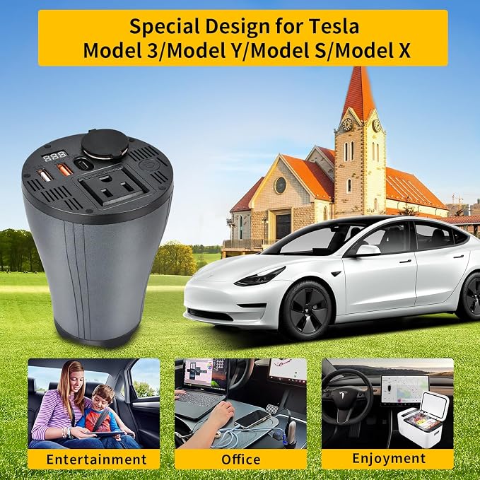 150W Car Power Inverter, DC 14V to AC 110V for Tesla & 12V Vehicles, Cup Holder Design Car Charger with Type C Led Display Screen Dual USB Quick Charge 3.0 and AC Outlets Cigarette Lighter Outlet