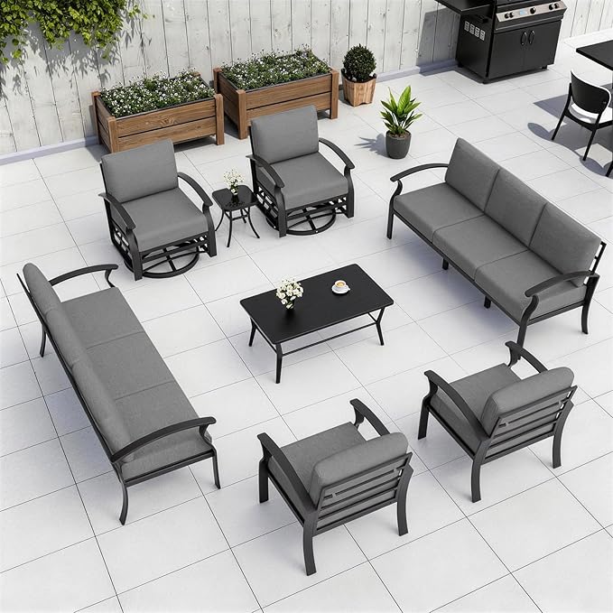 Kurapika Aluminum Patio Furniture Set 10-Seat Modern Metal Outdoor Conversation Sets w/5.1 Inch Cushion Patio Sectional Sofa with Rectangular Coffee Table, Grey