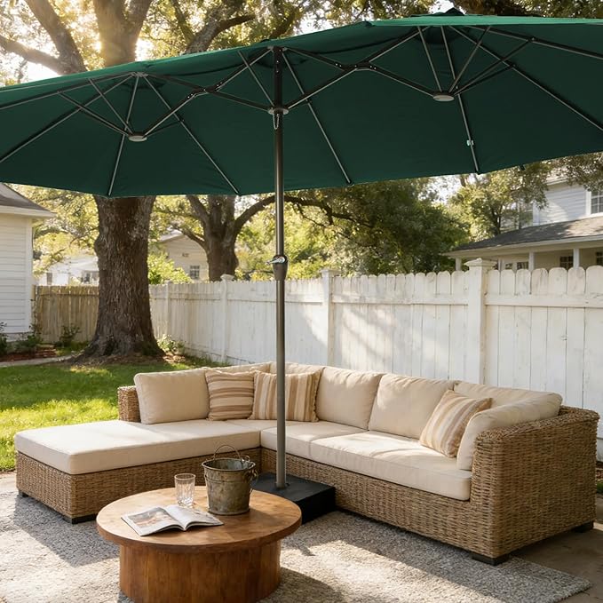15FT Large Patio Umbrellas with Base Included, Outdoor Double-Sided Rectangle Big Market Umbrella with Stand, Outside Umbrellas for Poolside Lawn Backyard,Green