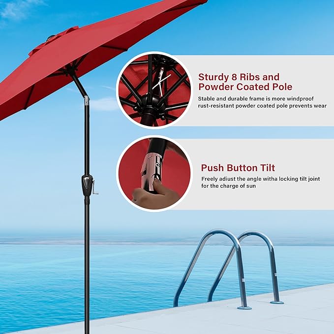 HealSmart 9' Patio Table Umbrella with Button Tilt, 8 Sturdy Ribs, 50lbs Base Stand Included, for Garden, Backyard, Deck, Pool, Red