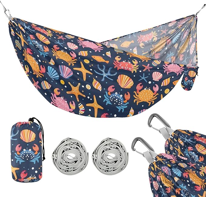 Camping Hammock Outdoor Hammocks for Outside Crabs Shells Starfish Beach Trees Portable Lightweight with Pockets Tree Straps Indoor