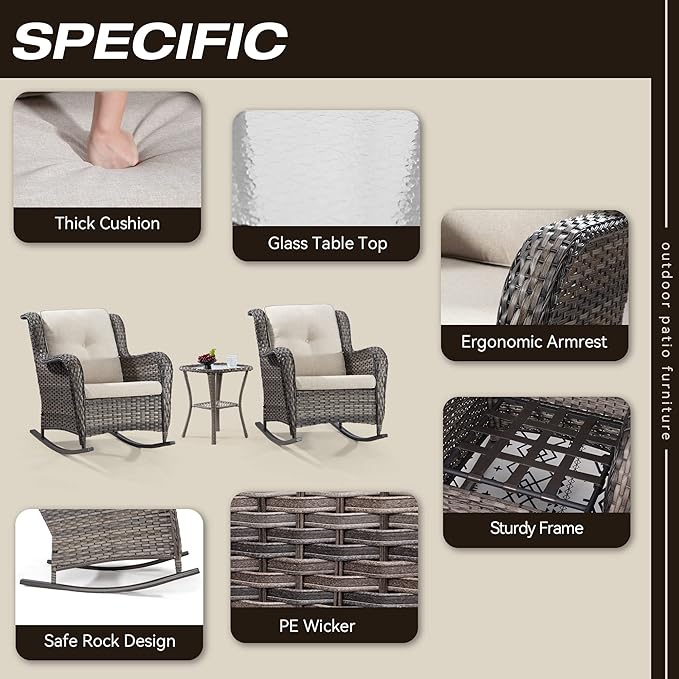 Outdoor Wicker Patio Rocking Chair - All-Weather Lawn Rocking Wicker Furniture with Alloy Steel Frame & Premium Fabric Cushion, Beige