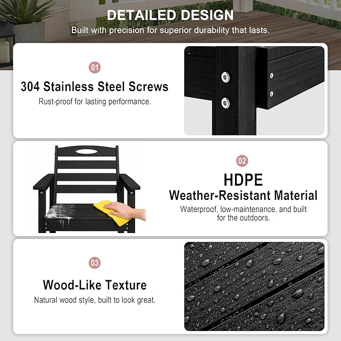 Domi HDPE Outdoor Dining Set, All-Weather 3 Piece Outdoor Dining Table Set with 2" Umbrella Hole, Outdoor Patio Dining Set for Garden, Poolside, Backyard, Deck, Black