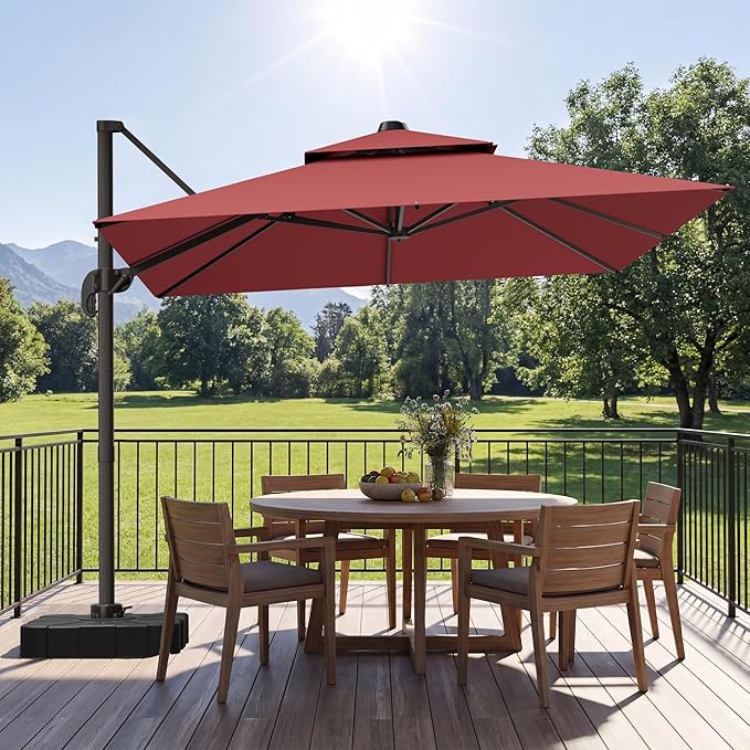 GENTEACO 10X10 FT Cantilever Umbrella with Base Included, Large Offset Patio Umbrella with Double Top, 6 Angle Tilts & 360° Rotation, Large Square Sun Umbrellas for Outdoor Pool Market, Red