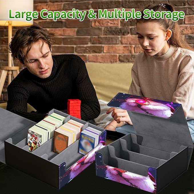 Card Deck Box for MTG, Cards Storage Box Fits 120+ Sleeved, Leather Big Size Strong Magnetic Closing Case for Board Games Magic TCG CCG Baseball Collection Women Man, Purple White Cat