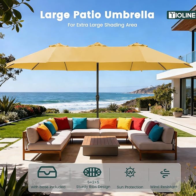 15FT Large Patio Umbrellas with Base Included, Outdoor Double-Sided Rectangle Big Market Umbrella with Stand, Outside Umbrellas for Poolside Lawn Backyard,Yellow