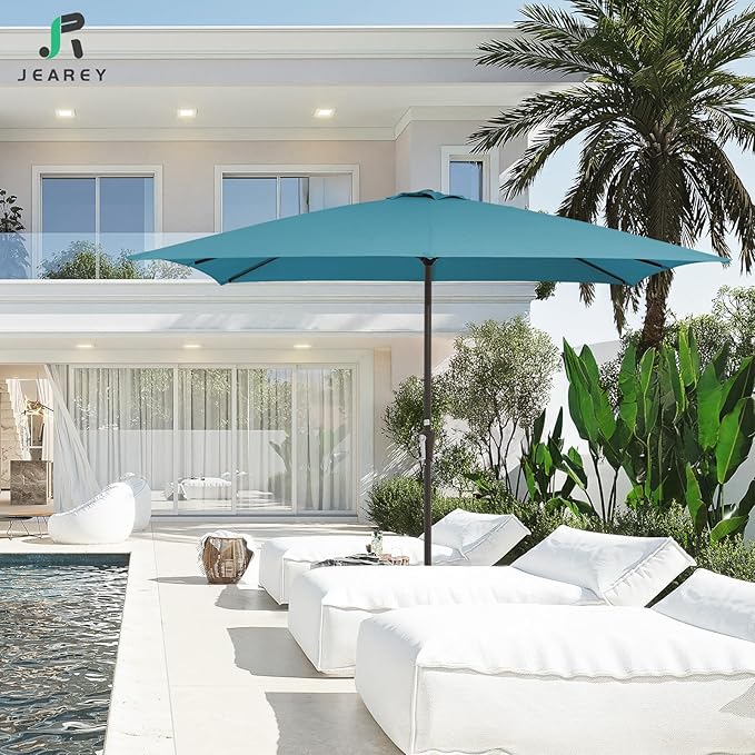 JEAREY 8x10 ft Rectangular Patio Umbrellas Outdoor Table Market Umbrella w/Crank, 8 Sturdy Ribs, UV Protection Windproof Sunproof for Garden, Deck, Backyard, Pool(Cerulean)