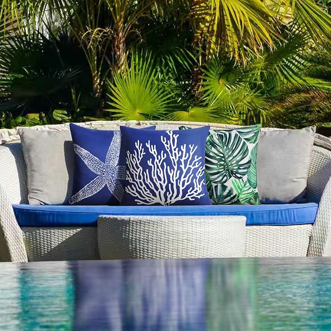 Adabana Spring Summer Outdoor Waterproof Coastal Pillow Covers 18x18 Inch Set of 2 Nautical Starfish Coral Throw Pillow Covers Sunmmer Farmhouse Decorations for Beach Patio Sofa, Navy Blue
