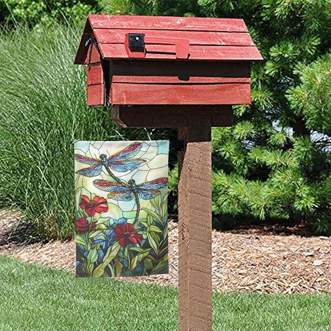 Glass Style Dragonfly Garden Flag 12x18 Inch Double Sided All-Weather Polyester Outdoor Flag For Patio Lawn Yard And Garden Welcome Decor