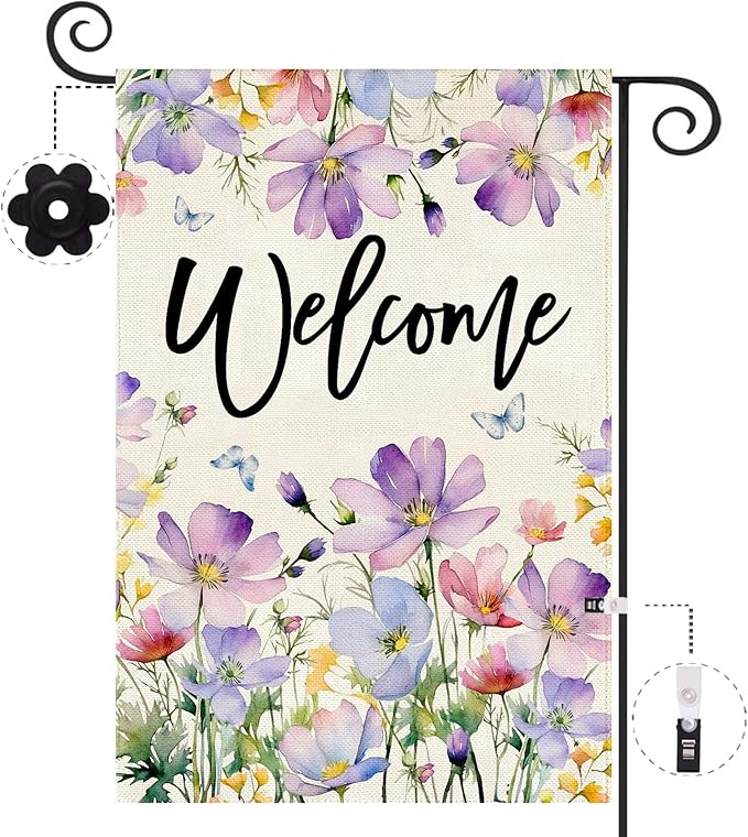 Baccessor Spring Summer Pansy Welcome Garden Flag 12.5 x 18 Inch Double Sided Burlap Butterflies Floral Flower Farmhouse Small Yard Flag Holiday Seasonal Outdoor Outside Decoration