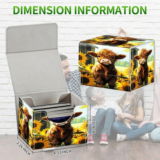 Card Deck Box for MTG, Cards Storage Box Fits 120+ Sleeved, Leather Small Size Strong Magnetic Closing Card Case for Board Games Magic TCG CCG Baseball Collection, Sunflower Baby Cow