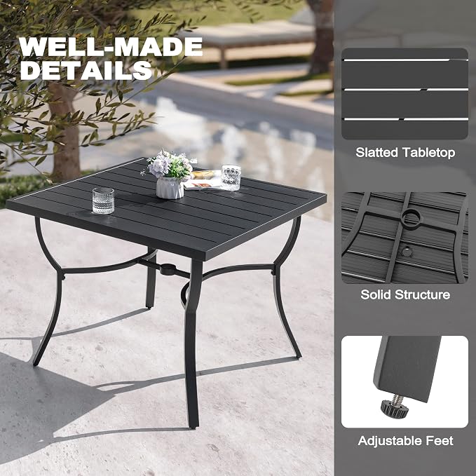 NUU GARDEN 5-Piece Patio Dining Set, 4 Woven Rope Chairs with Beige Cushions, Square Table with Slatted Tabletop and Umbrella Hole, Patio Table and Chair Set for Garden and Poolside, Black