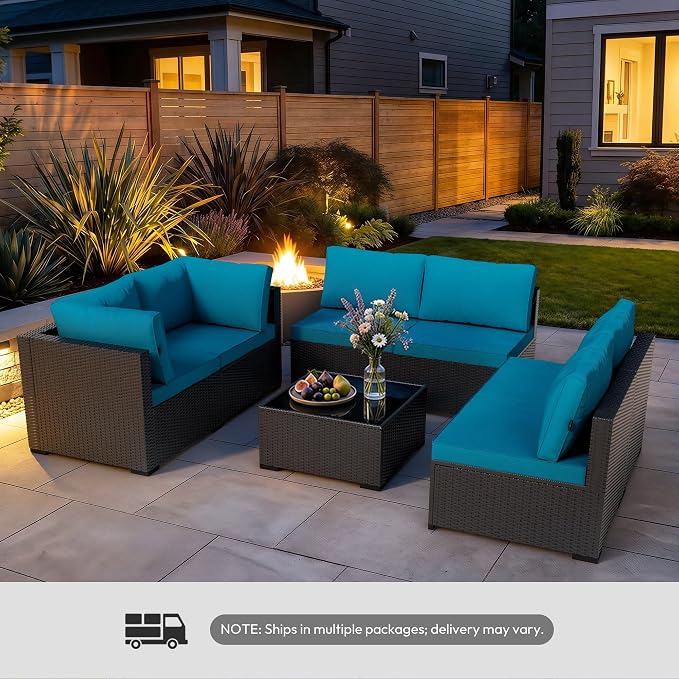 WWR Patio Furniture Set 7 Piece - All-Weather - Wicker Rattan Patio Outdoor Conversation Set, Modular Sectional Sofa for Backyard, Garden, Poolside, Balcony, Porch, Patio, Black/Peacock Blue