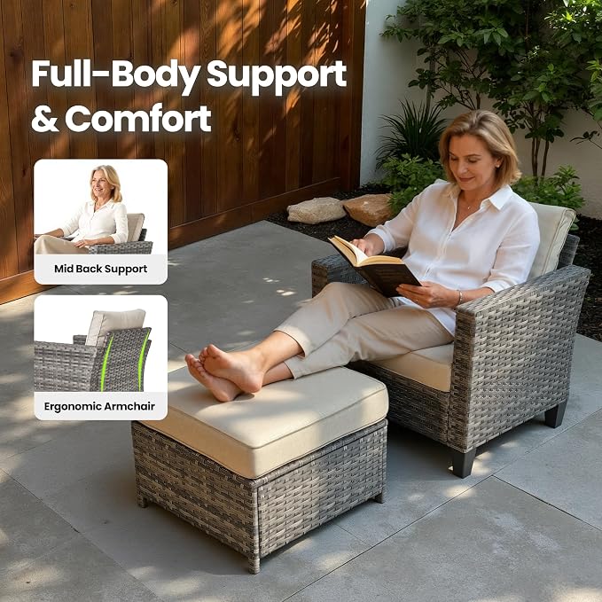 6 Piece Wicker Patio Furniture Set with Solar Table, Beige | Outdoor Deep Seating Sofa Chair Ottoman, Solar Lights Table, All Weather Rattan, Modern Conversation Set, Porch Deck Backyard