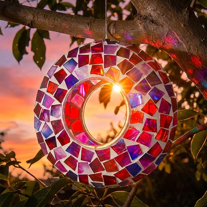 Sunnydaze 6-Inch Glass Mosaic Hanging Bird Feeder for Outdoors - Fly-Through Glass Bird Feeder for Cardinals, Jays, Finches and More - Crimson Mosaic