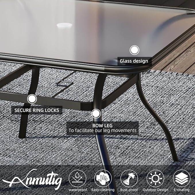 37" Square Outdoor Patio Glass Dining Table for 4 Person with Black Frame | Glass Table Top, 1.7 inch Umbrella Hole, 4 Person Use, Metal Black Frame, All Weather, Rust Free