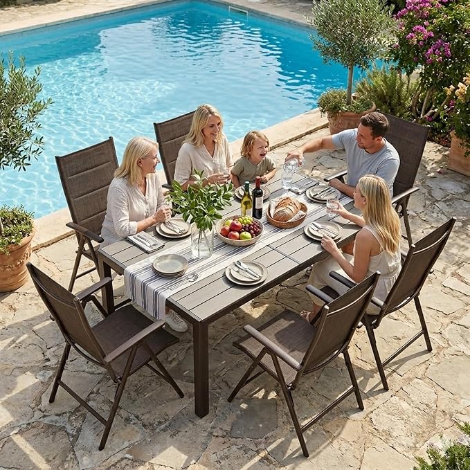 Kozyard Coolmen Outdoor Patio Indoor Dining Table Rectangle 58.9" L × 35.6" W Land Wood Like Laminate Tabletop for 6 People Porch Balcony Garden Brown